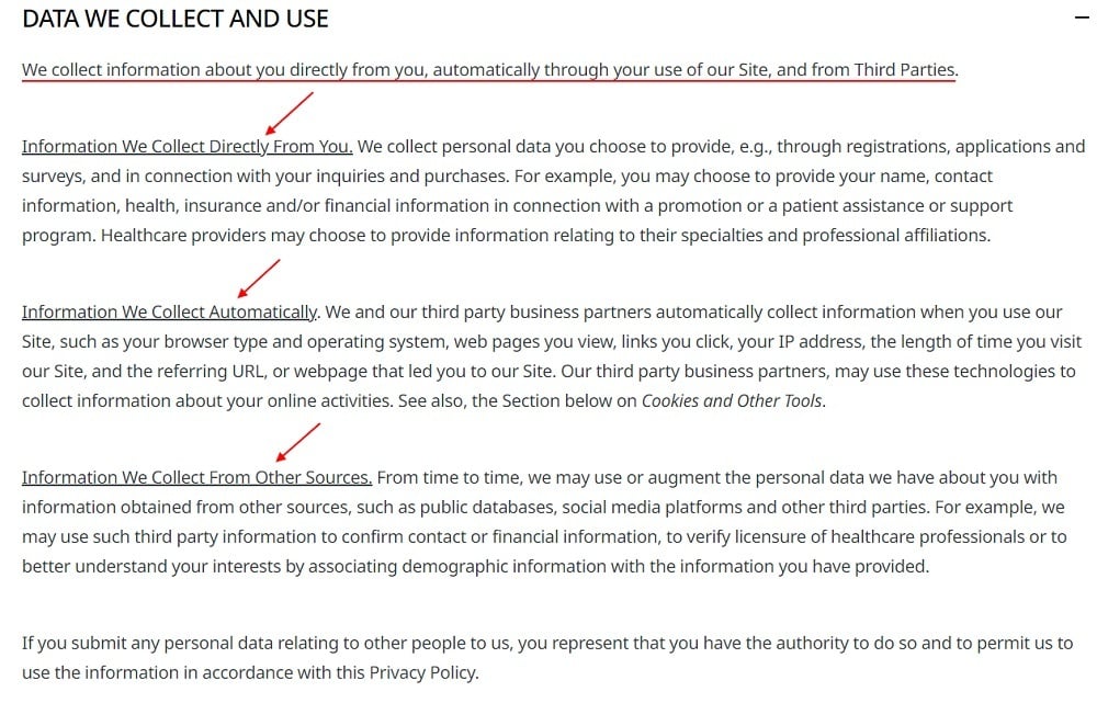 Pfizer Privacy Policy: Data we Collect and Use clause