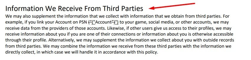 PlayStation Privacy Policy: Information We Receive From Third Parties clause