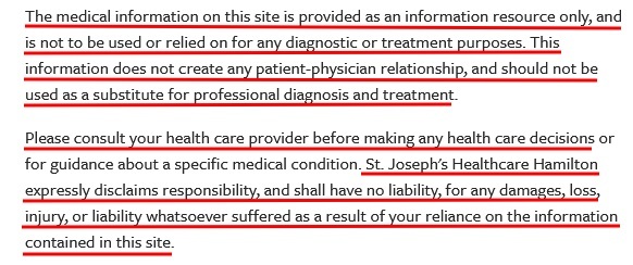 Saint Joseph's Healthcare Hamilton disclaimer