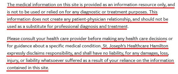 Saint Joseph's Healthcare Hamilton disclaimer