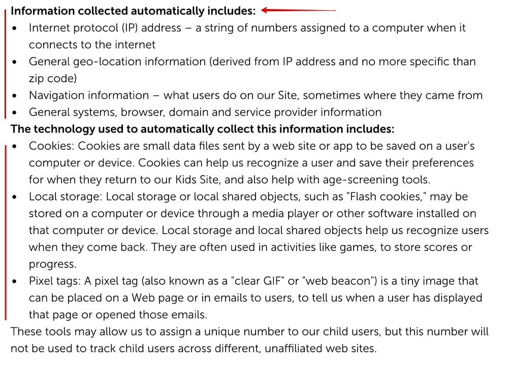 Scholastic Kids Privacy Policy: Information Collected clause excerpt