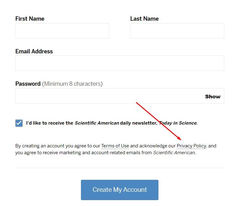 Scientific American Create Account form with Privacy Policy link highlighted
