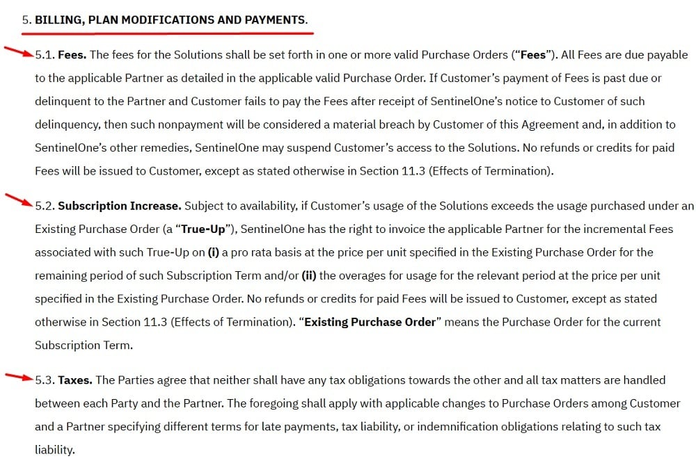 SentinelOne Master Subscription Agreement: Billing Plan Modifications and Payments clause