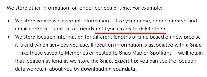 Snap Data Policy: How Long we Keep Your Information clause excerpt
