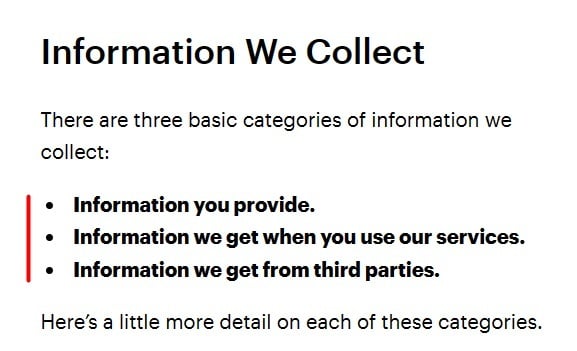 Snapchat Privacy Policy: Information We Collect clause intro