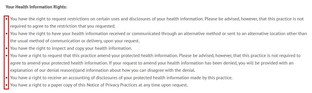 South End Eye Privacy Policy: Your Health Information Rights clause