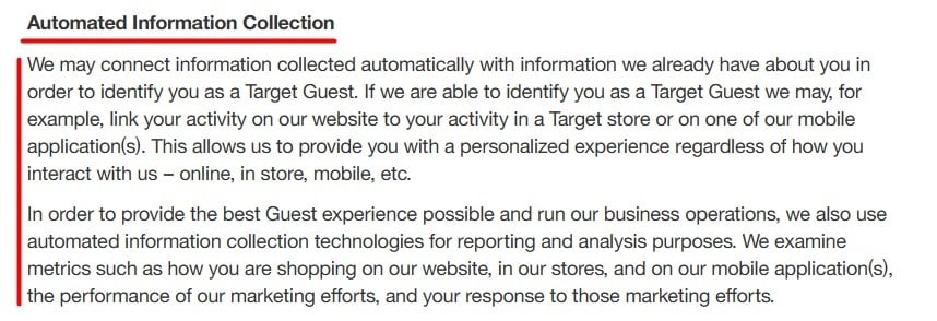 Target Privacy Policy: Automated Information Collection clause