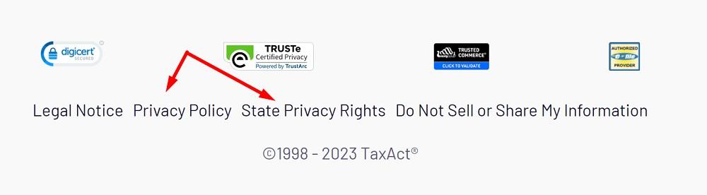TaxAct website footer with Privacy Policy and State Privacy Rights links highlighted