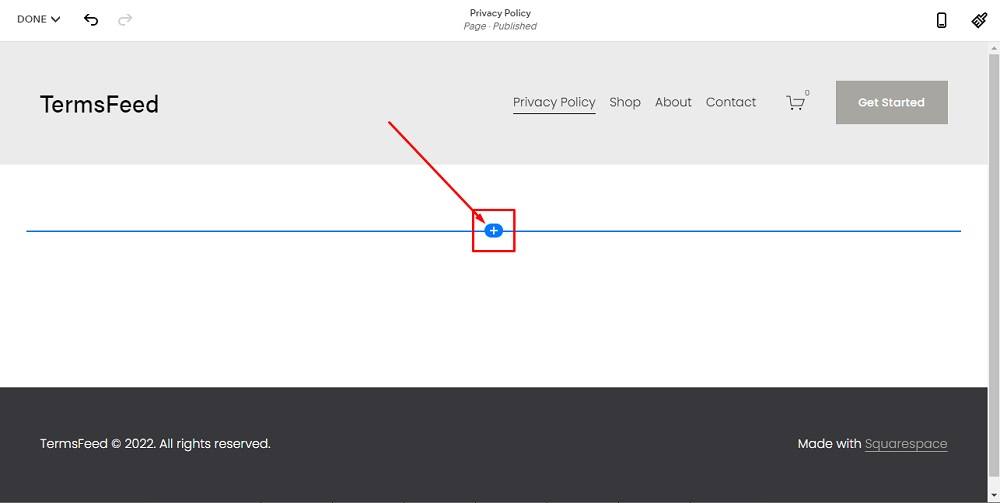TermsFeed Squarespace: Website Pages - Privacy Policy - Add Section with Add Blank highlighted