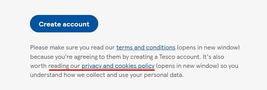 Tesco Create Account form with Privacy and Cookies Policy link highlighted