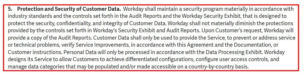Workday Master Subscription Agreement: Protection and Security of Customer Data clause