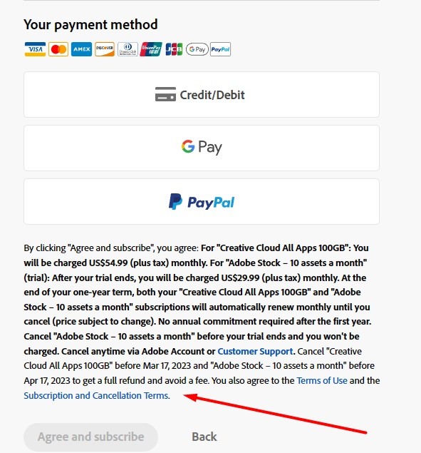 Adobe Subscribe page with Subscription and Cancellation Terms link highlighted