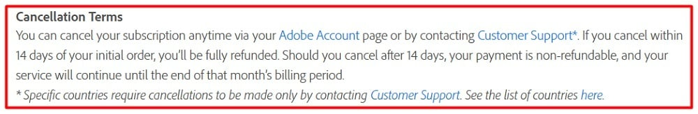 Adobe Subscription and Cancellation Terms page excerpt