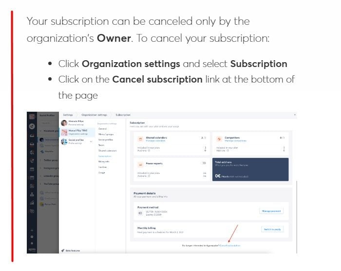Agorapulse: How do I Cancel my Subscription page - Instructions section