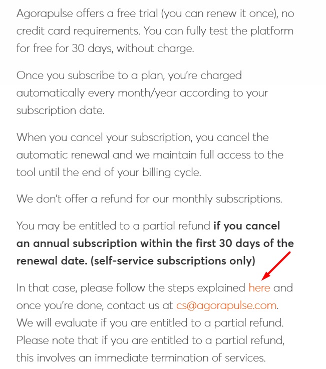 Agorapulse Refund Policy: Partial refund section