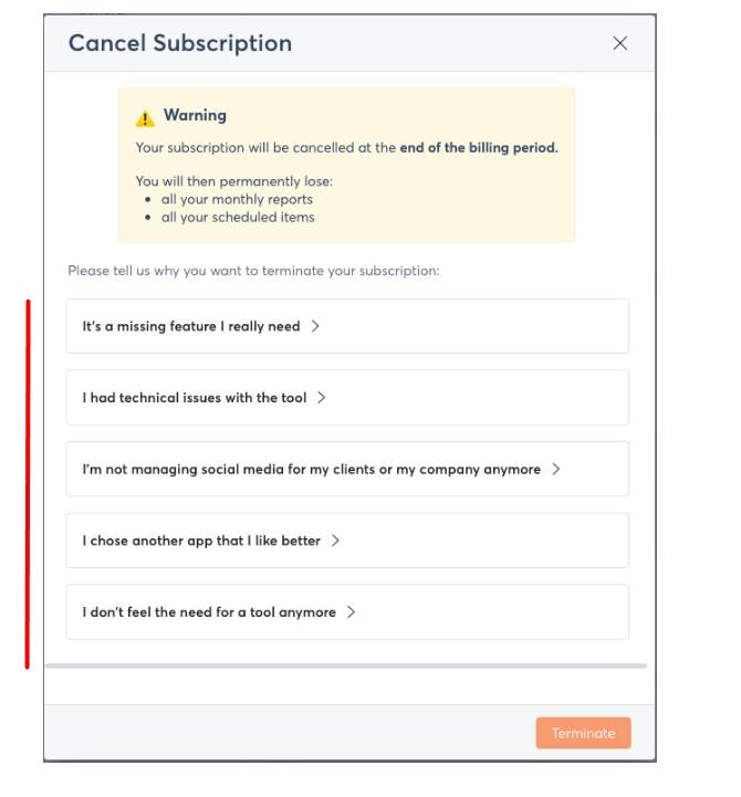Agorapulse subscription cancellation form - Reason for cancellation section
