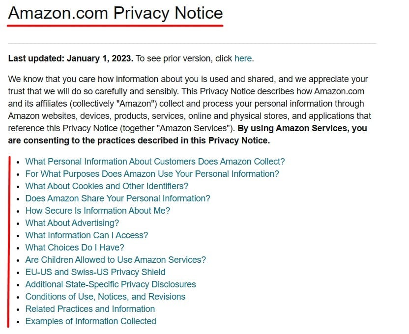 Amazon Privacy Notice with table of contents highlighted