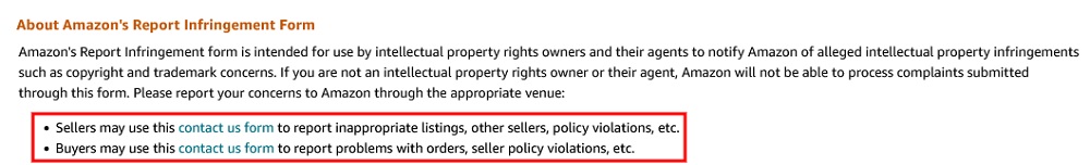 Amazon Report Infringement page: About Form section with form links highlighted