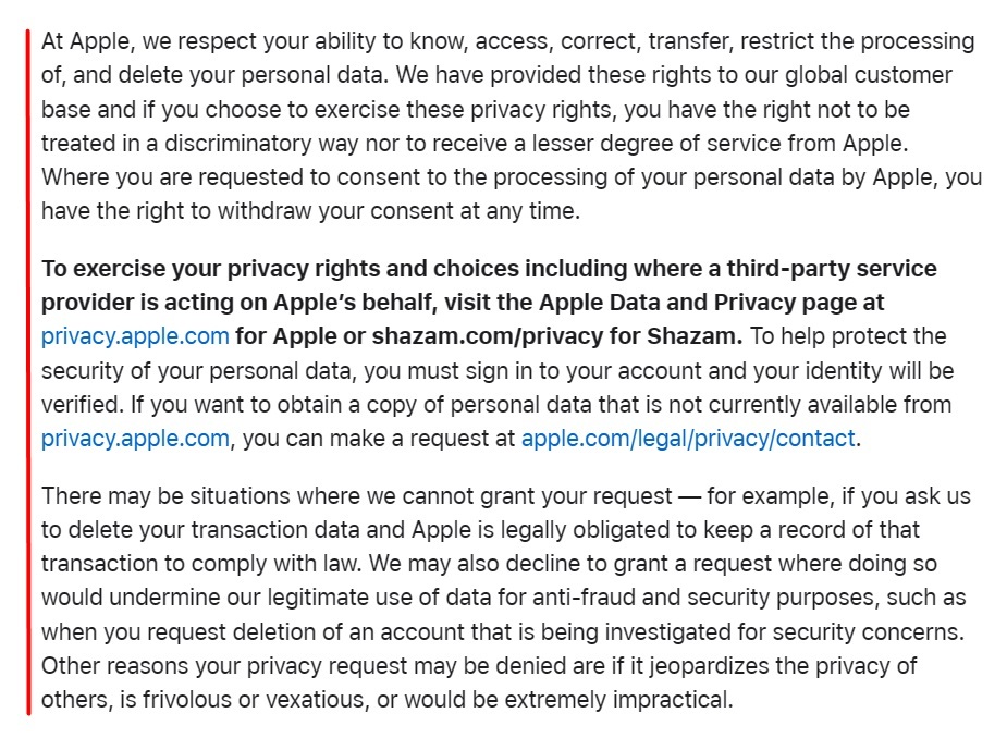 Apple Privacy Policy: Privacy Rights clause excerpt