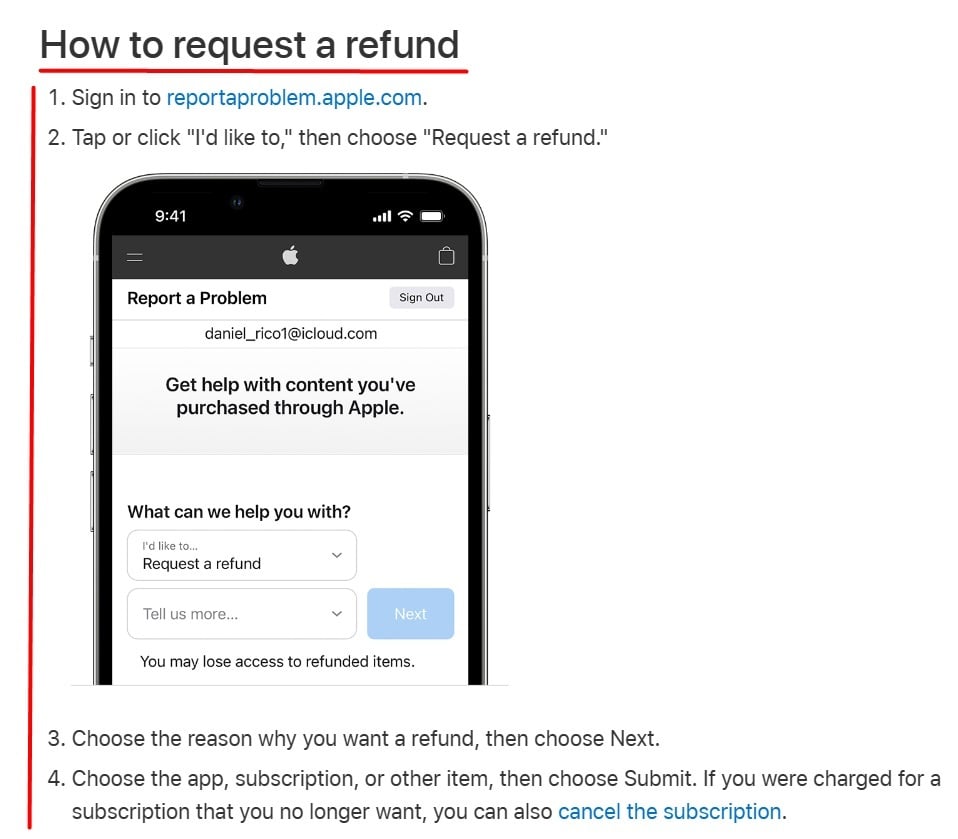 Apple Support: How to request a refund instructions screenshot