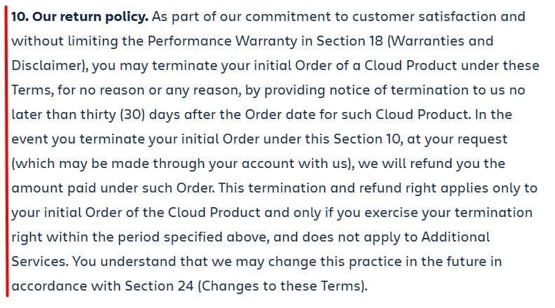 Atlassian Cloud Terms of Service: Our Return Policy clause