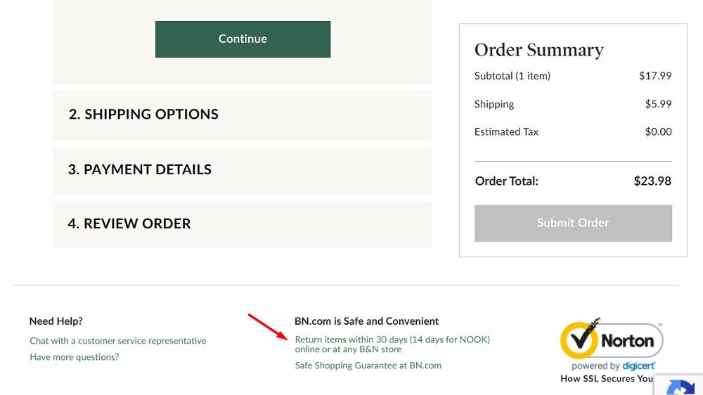 Barnes and Noble checkout page with Return Policy link highlighted