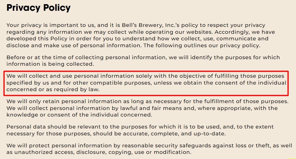 Bells Brewery Privacy Policy: How we use personal information section