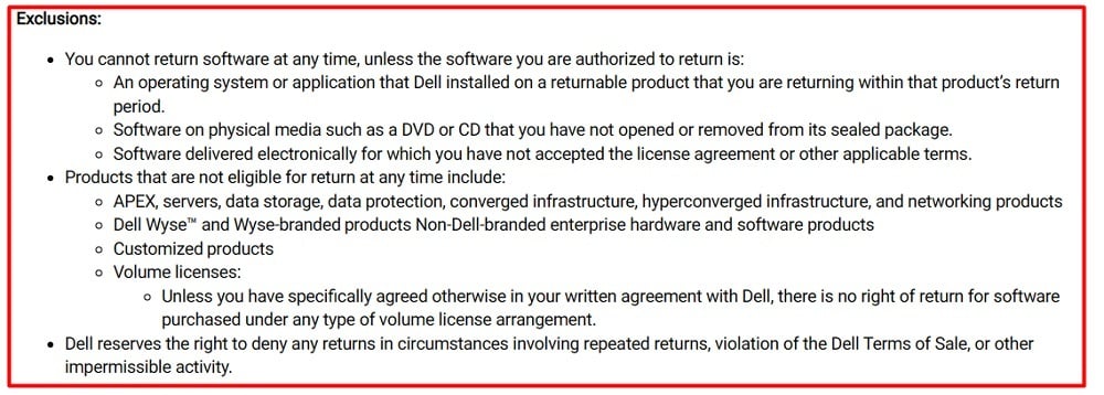 Dell Return Policy: Exclusions excerpt