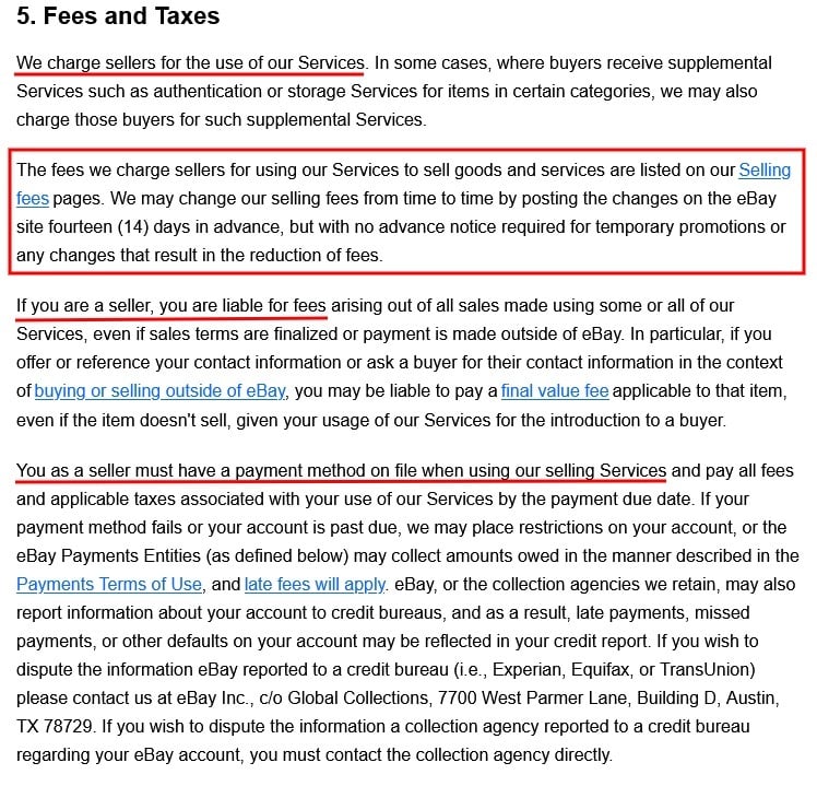 eBay User Agreement: Fees and Taxes clause