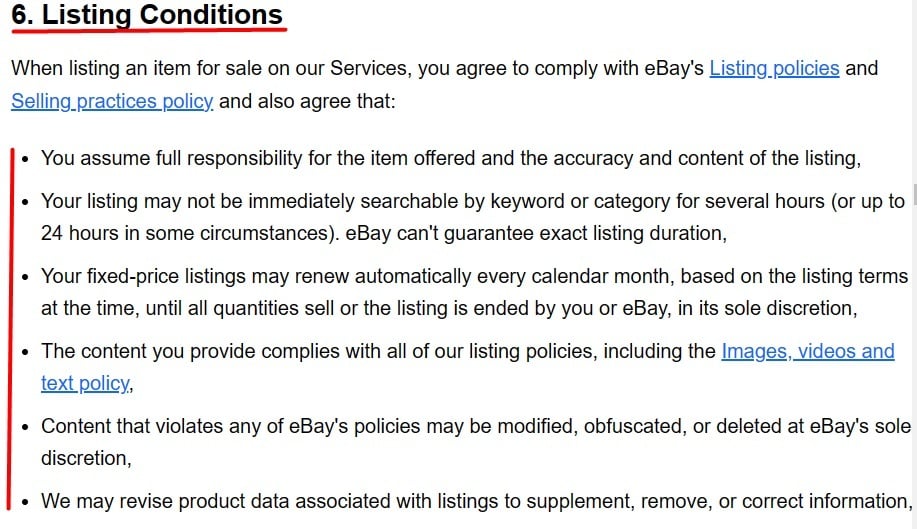 eBay User Agreement: Listing Conditions clause excerpt