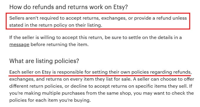 Etsy How to Return or Exchange an Item page: How do refunds and returns work and What are listing policies sections