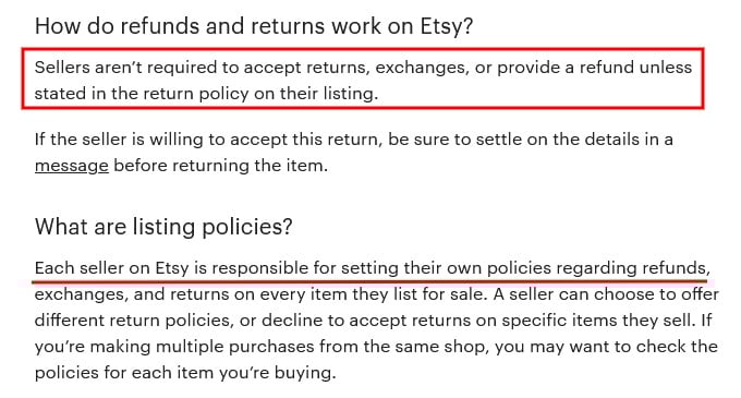 Etsy How to Return or Exchange an Item page: How do refunds and returns work and What are listing policies sections
