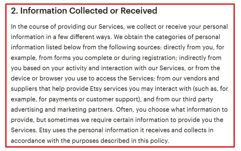 Etsy Privacy Policy:Information Collected or Received