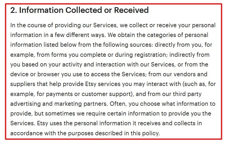 Etsy Privacy Policy:Information Collected or Received