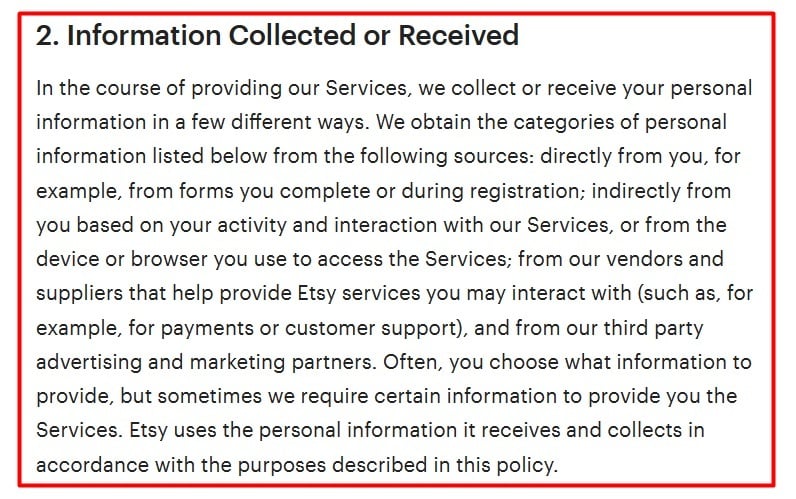 Etsy Privacy Policy:Information Collected or Received