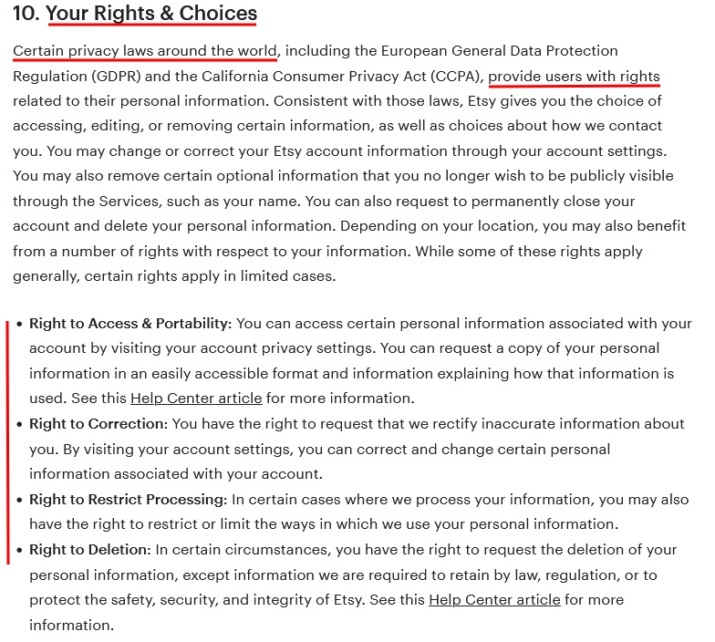 Etsy Privacy Policy: Your Rights and Choices clause excerpt