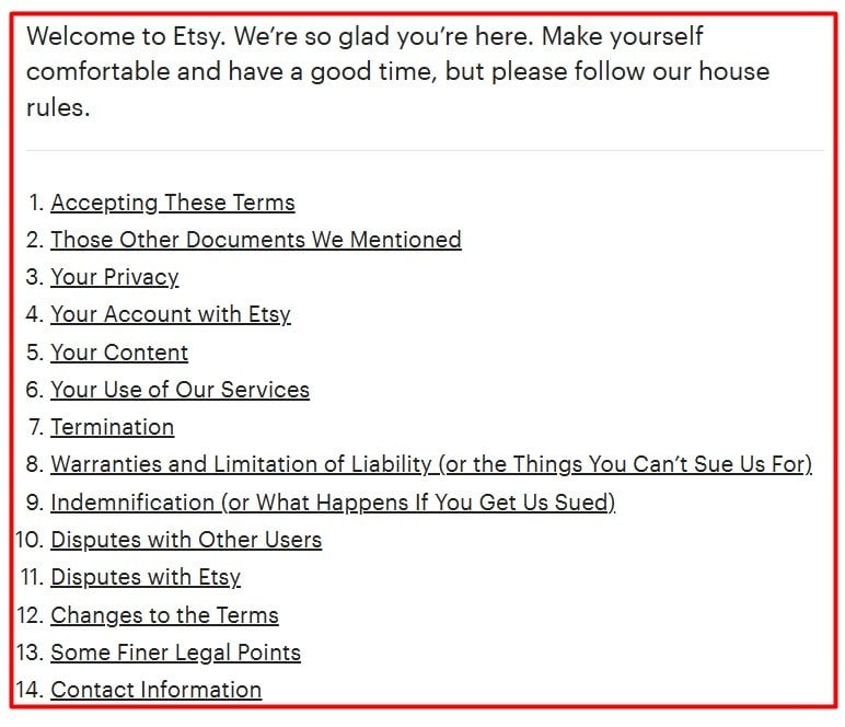 Etsy Terms of Use table of contents