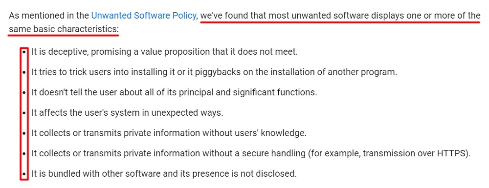 Google MUwS Policy: Basic characteristics of unwanted software list