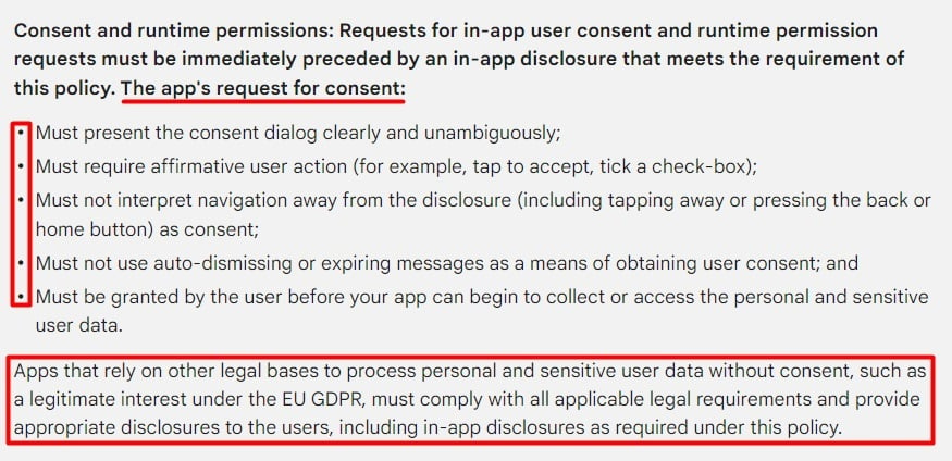 Google Play User Data Policy Consent and runtime permissions section