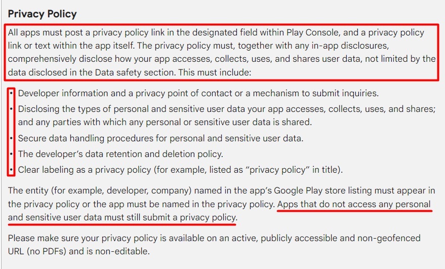 Google Play User Data Policy: Privacy Policy section