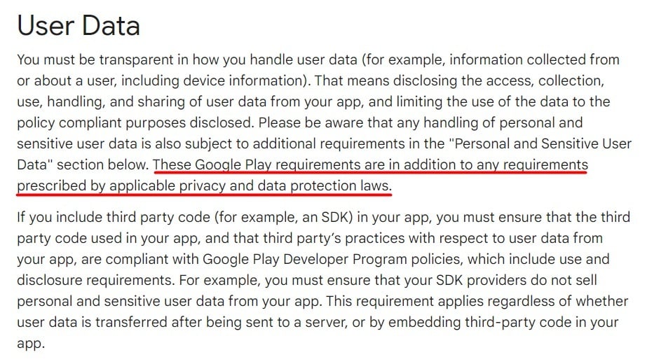 Google Play User Data Policy: User Data section