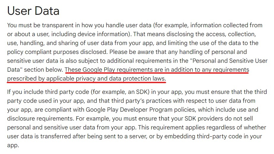 Google Play User Data Policy: User Data section