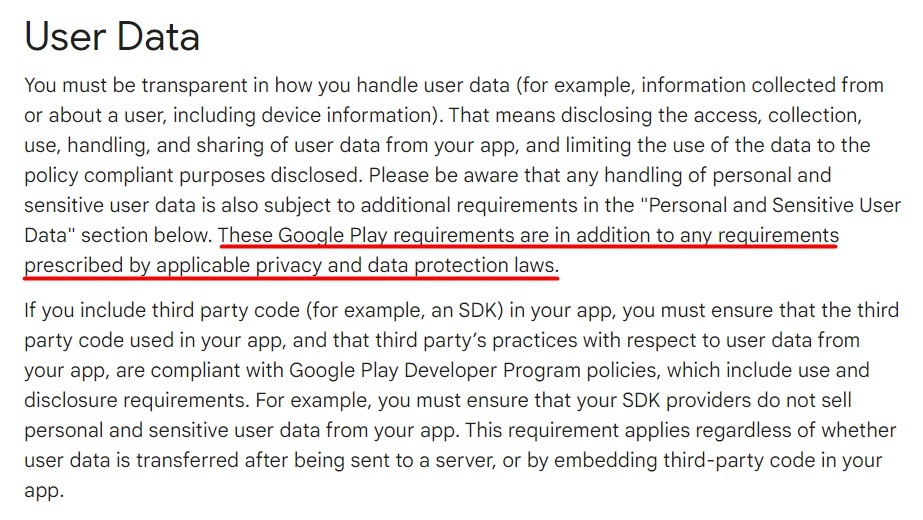 Google Play User Data Policy: User Data section