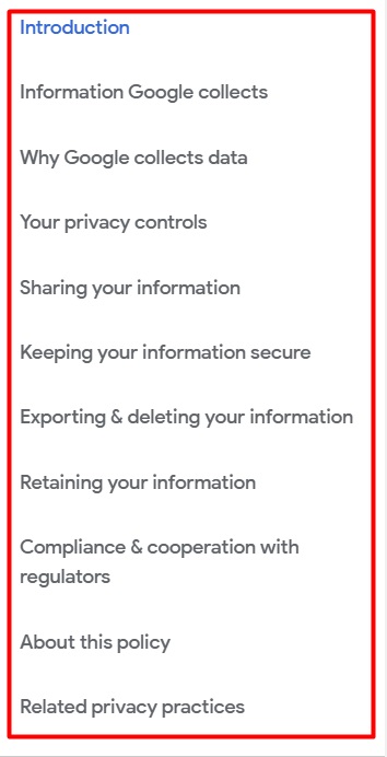 Google Privacy Policy Table of Contents