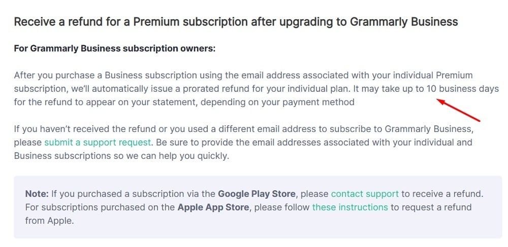 Grammarly: Receive a refund for a Premium subscription after upgrading to Grammarly Business excerpt