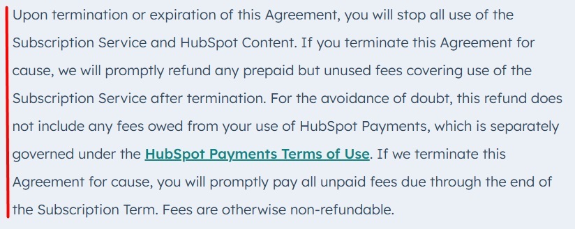 HubSpot Customer Terms of Service: Termination of agreement and refund section