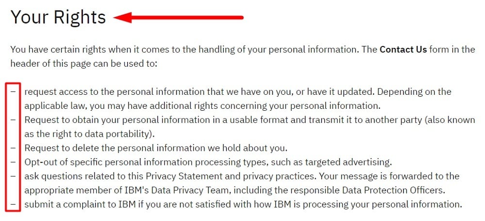 IBM Privacy Statement: Your Rights clause