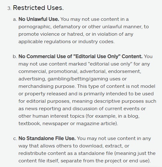 iStock Content License Agreement: Restricted Uses section excerpt