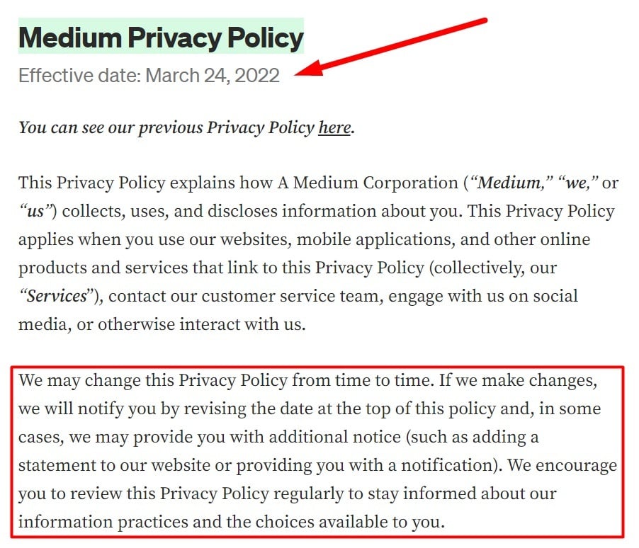 Medium Privacy Policy intro section with effective date highlighted