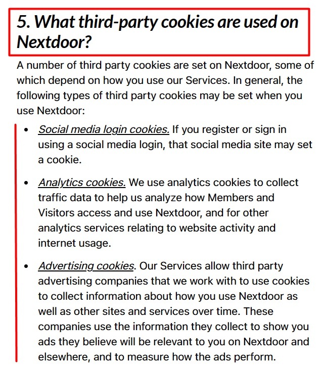 Nextdoor Advertising and Cookie Policy: What kind of third-party cookies are used section excerpt